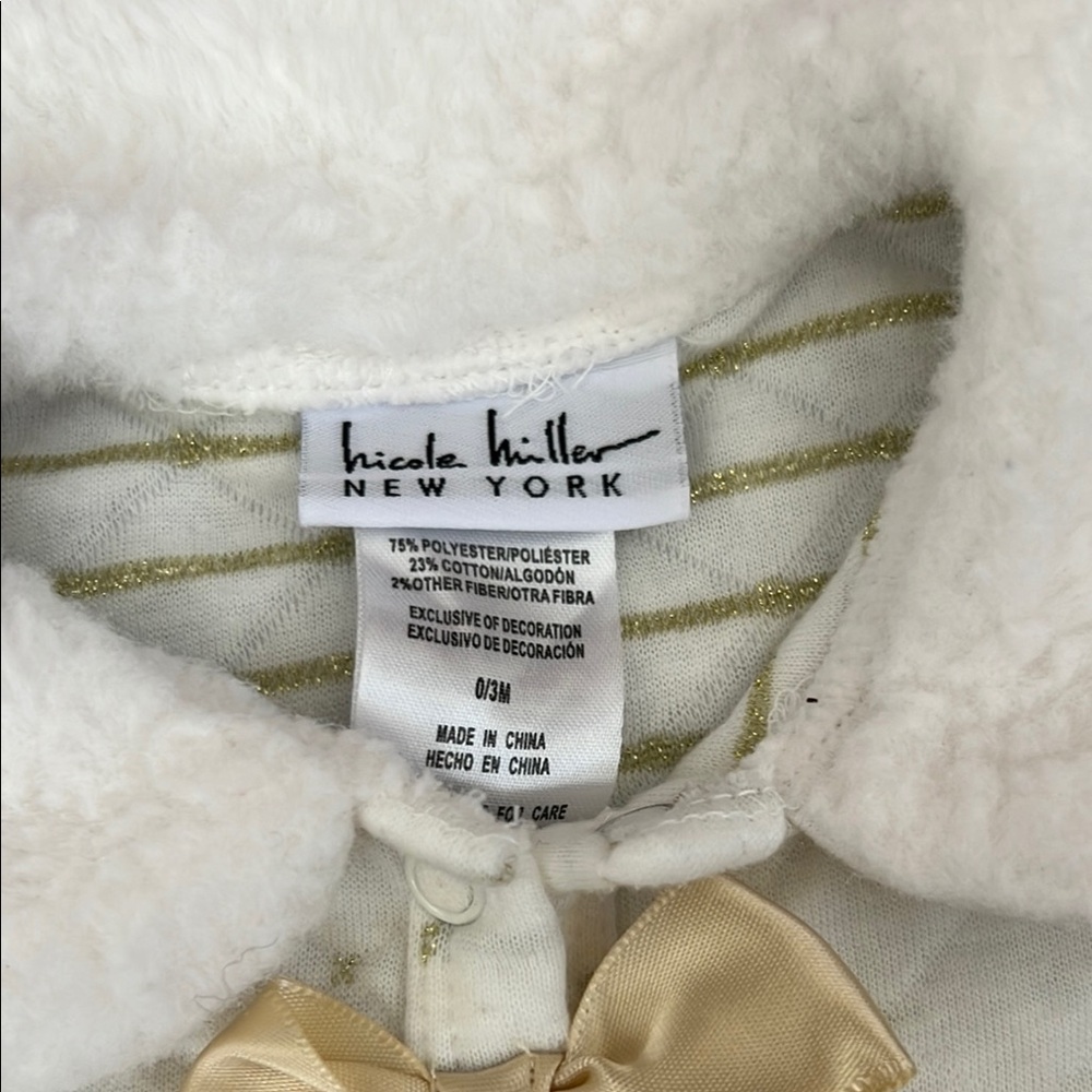 Nicole Miller Cream Quilted Footie with Gold Bows - Picture 2 of 5